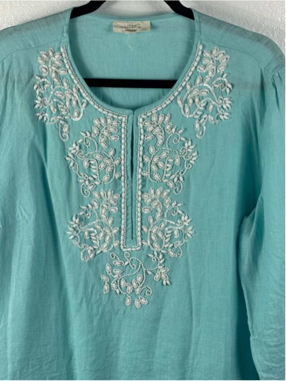 Charter Club aqua blue linen embroidered tunic top - Picture 3 of 9